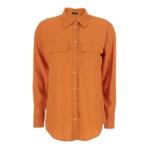 Plain Women Orange Shirt With Applied Pockets On The Front In Silk Blend Woman